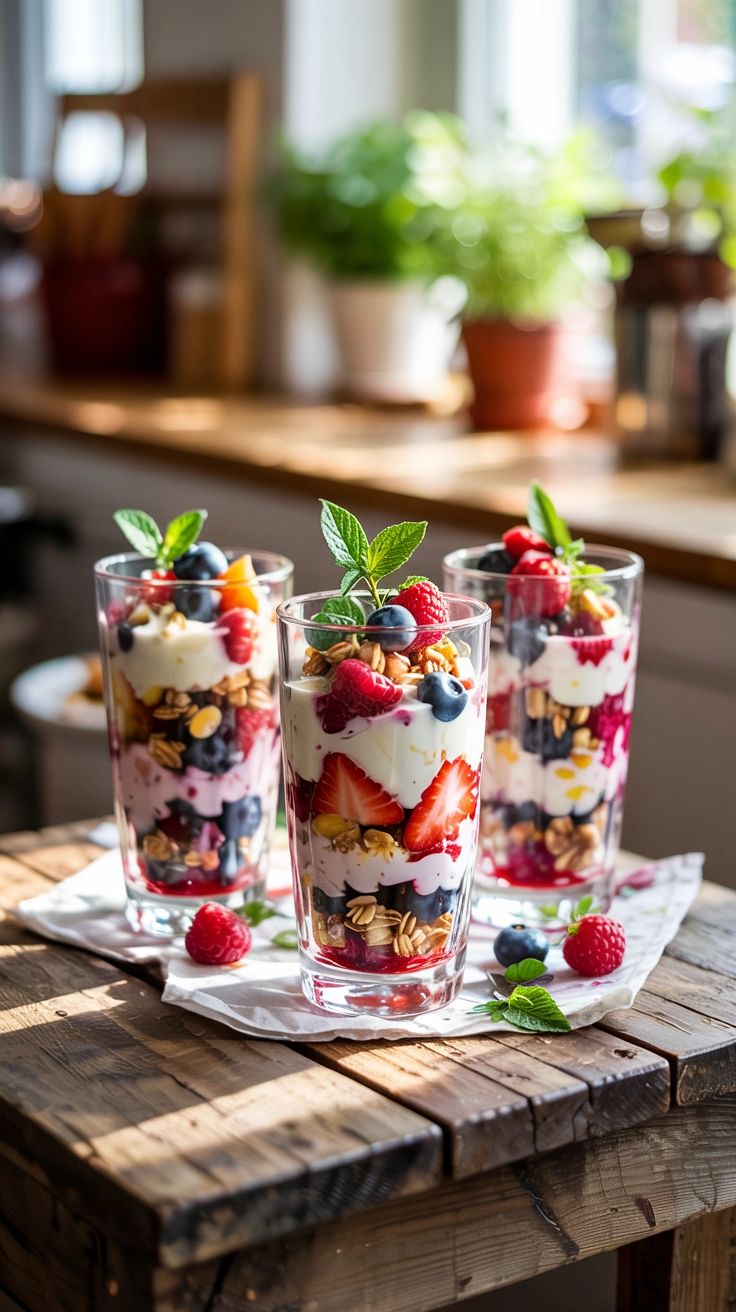 Three tall glasses of berry parfait on a wooden table